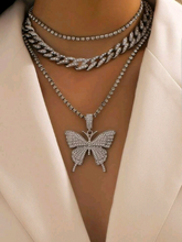 Charger l'image dans la galerie, 3pcs Rhinestone Butterfly Pendant Necklace