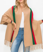 Charger l'image dans la galerie, Red/Green Stripe Winter Poncho 200*70cm, Women Fashion Winter Poncho with Long Sleeves, One Size Fit Most, Women Sweater Wrap Shawl, Gift for her