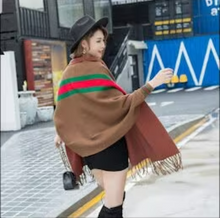 Charger l'image dans la galerie, Red/Green Stripe Winter Poncho 200*70cm, Women Fashion Winter Poncho with Long Sleeves, One Size Fit Most, Women Sweater Wrap Shawl, Gift for her