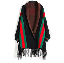 Charger l'image dans la galerie, Red/Green Stripe Winter Poncho 200*70cm, Women Fashion Winter Poncho with Long Sleeves, One Size Fit Most, Women Sweater Wrap Shawl, Gift for her