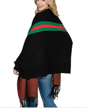Charger l'image dans la galerie, Red/Green Stripe Winter Poncho 200*70cm, Women Fashion Winter Poncho with Long Sleeves, One Size Fit Most, Women Sweater Wrap Shawl, Gift for her