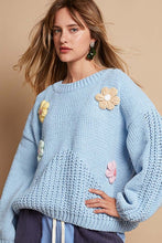 Load image into Gallery viewer, Crochet Flower Round Neck Dropped Shoulder Sweater