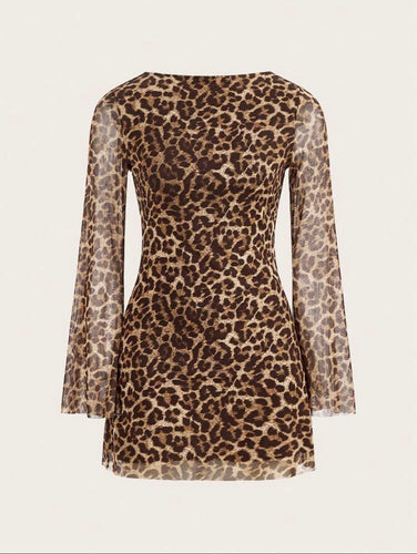 Women’s Sexy Open Back Leopard Print Form-Fitting Mini Dress with Long Sleeves