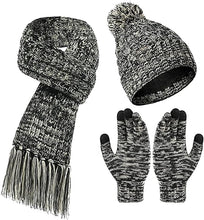 Cargar imagen en el visor de la galería, Unisex Winter 3 Pcs Pompom Beanie Hat, Long Scarf, Touch Screen Gloves Set
