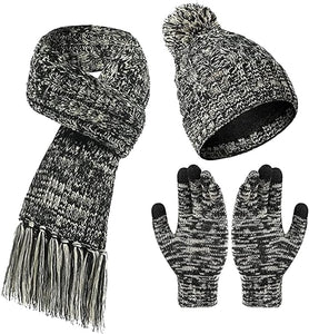 Unisex Winter 3 Pcs Pompom Beanie Hat, Long Scarf, Touch Screen Gloves Set