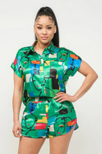 Cargar imagen en el visor de la galería, Satin Dolman Print Button Down Top And Shorts Set