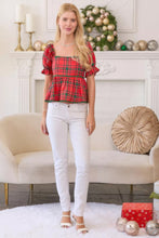 Charger l&#39;image dans la galerie, Plaid Print Baby Doll Puff Sleeve Top With Contrasting Lace Trim Detail