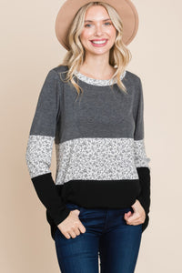 Colorblock Floral Contrast Long Sleeve Top