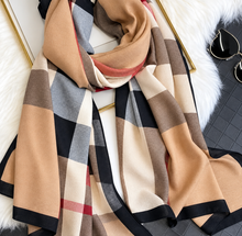 Cargar imagen en el visor de la galería, Plaid Satin Silk Scarf, Women Fashion shawl