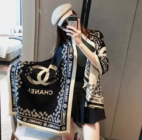CC Letter Print Winter Shawl (Black & Beige)