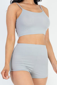 Ribbed Cami Crop Top & Ruched Shorts Set