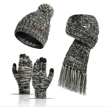 Charger l&#39;image dans la galerie, Unisex Winter 3 Pcs Pompom Beanie Hat, Long Scarf, Touch Screen Gloves Set