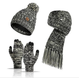 Unisex Winter 3 Pcs Pompom Beanie Hat, Long Scarf, Touch Screen Gloves Set