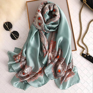 Satin Silk Scarf Women Fashion Shawl Flower Prints Silky Wraps 180x90cm, Women head Hijab, Head Wrap