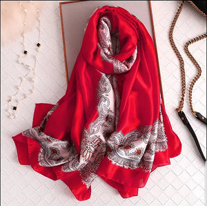 Satin Silk Scarf Women Fashion Shawl Flower Prints Silky Wraps 180x90cm, Women head Hijab, Head Wrap