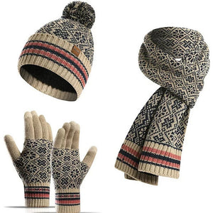 Unisex Winter 3 Pcs Pompom Beanie Hat, Long Scarf, Touch Screen Gloves Set