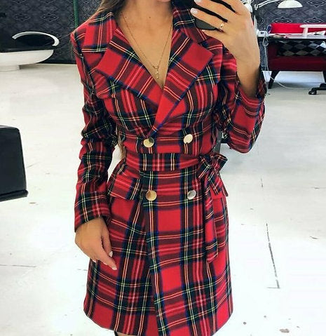 Red and Burgundy Plaid Blazer Dress