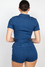 Load image into Gallery viewer, Belted Zip-up Denim Romper