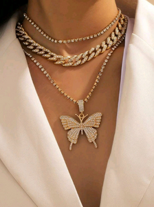 3pcs Rhinestone Butterfly Pendant Necklace