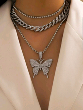 Cargar imagen en el visor de la galería, 3pcs Rhinestone Butterfly Pendant Necklace
