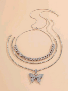 3pcs Rhinestone Butterfly Pendant Necklace