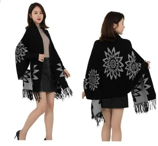 Women Fashion Cashmere Like Long Sleeves Winter Poncho 200*70cm, Reversible Side Winter Poncho, One Size Fit Most
