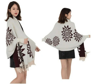Women Fashion Cashmere Like Long Sleeves Winter Poncho 200*70cm, Reversible Side Winter Poncho, One Size Fit Most