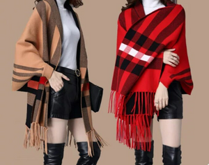 Plaid Winter Poncho, Women Fashion Winter Poncho with Long Sleeves, Winter Cape, Sweater Wrap Shawl, One Size fit Most
